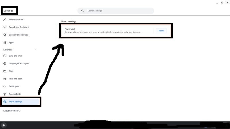 This image shows the **Settings** page on Chrome OS, with the **Reset settings** option selected. The **Powerwash** feature is highlighted, which removes all user accounts and resets the device to its original factory state.