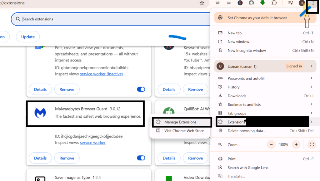 Chrome browser extension settings page showing how to manage extensions, with the **Malwarebytes Browser Guard** extension enabled and the **Extensions** option highlighted from the browser menu.