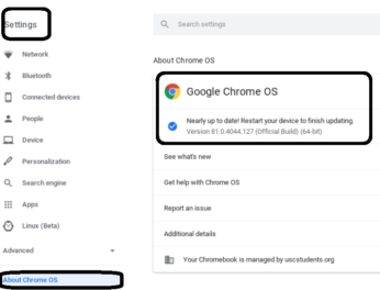 This image shows the **Chrome OS Settings** page under the **About Chrome OS** tab, displaying the current version and update status of the operating system.