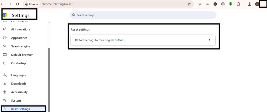 Chrome browser settings page with the **Reset settings** option highlighted on the left sidebar. The three-dot menu in the top-right corner is also marked, indicating how to access Chrome settings.
