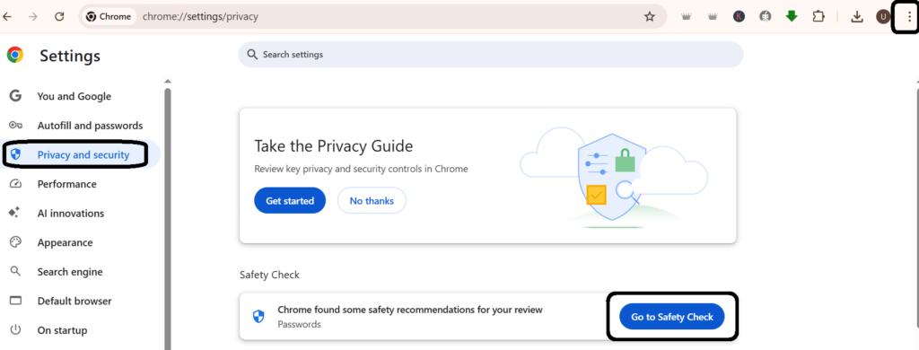This image shows the **Chrome Settings** page under the **Privacy and security** tab, with the **Get started** button highlighted for reviewing privacy controls.