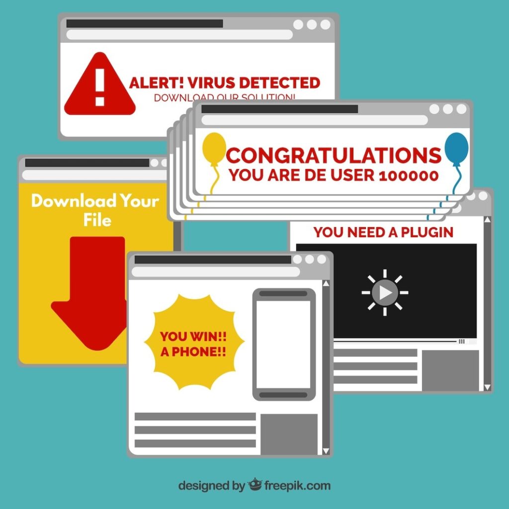 Pop-up ads on a computer screen represent common signs of malware infections.