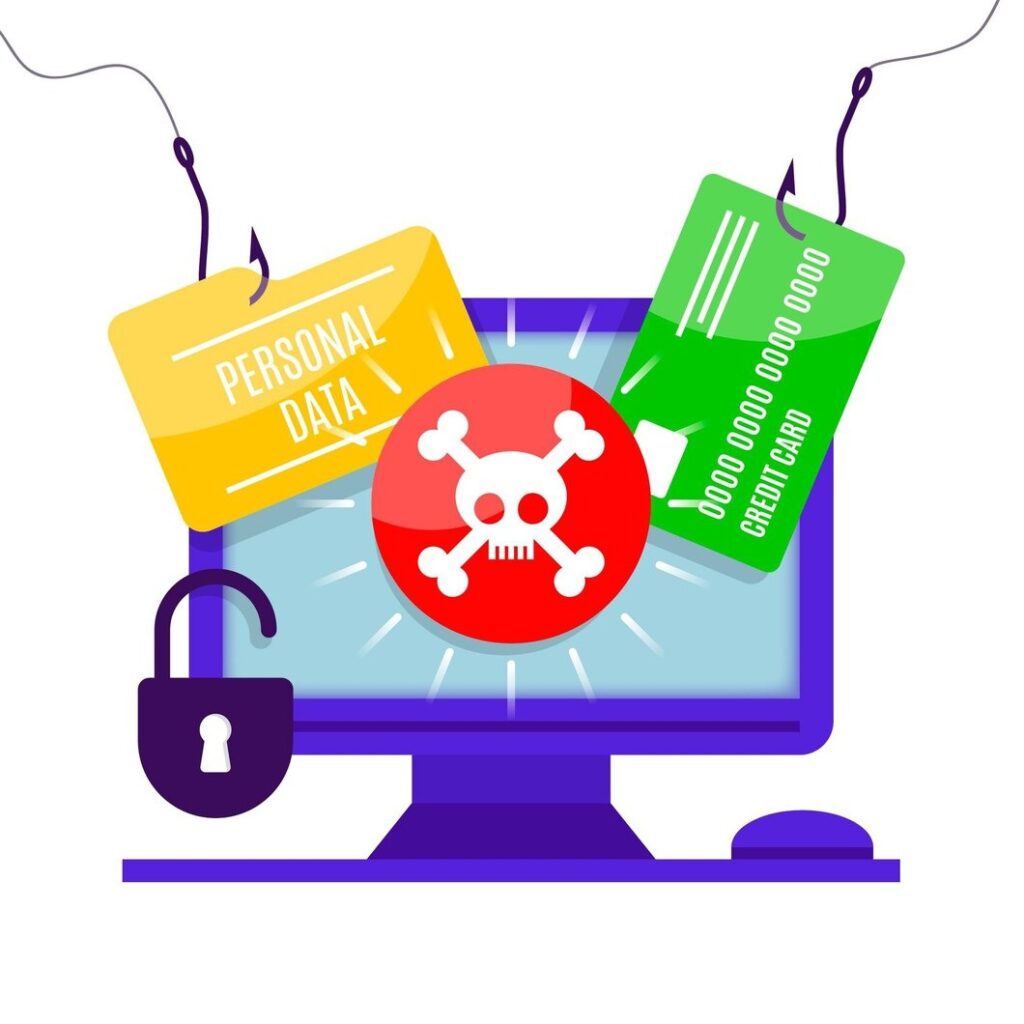 Illustration of phishing and Malware attack showing personal data, credit card information, and a skull icon on a computer screen.